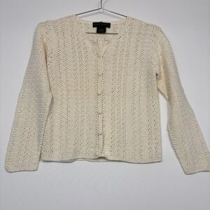 Babette Ballinger Women Cardigan Small Ivory Crochet Ramie Cotton Knit Sweater